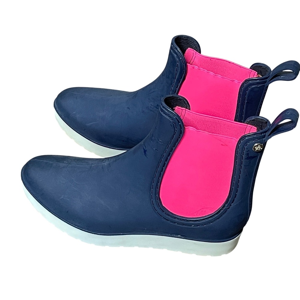 Henry Ferrera Womens Navy Blue Neon Pink Chelsea Rubber Rain Boots Size 7